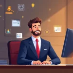 Realistic illustration lawyer using computer with digital automation icons